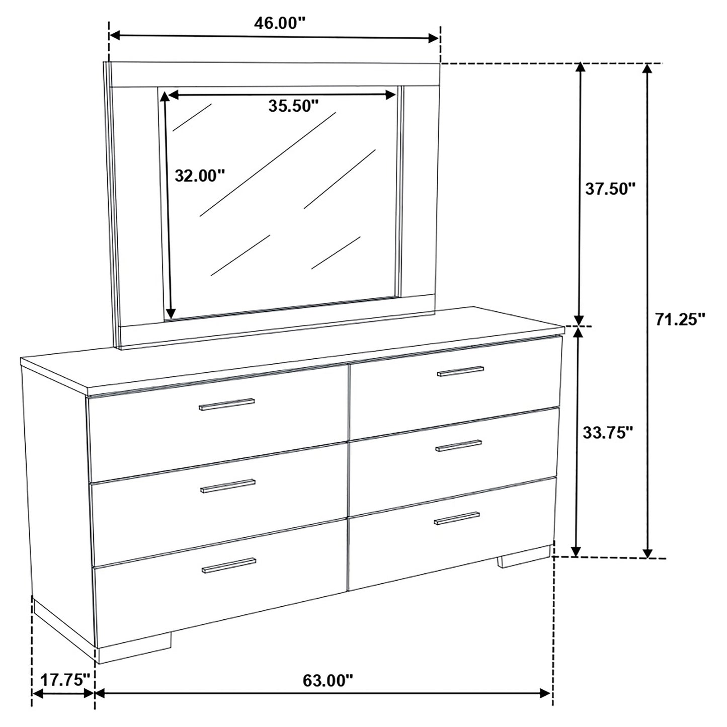 Felicity 6-drawer Wood Dresser with Mirror White High Gloss