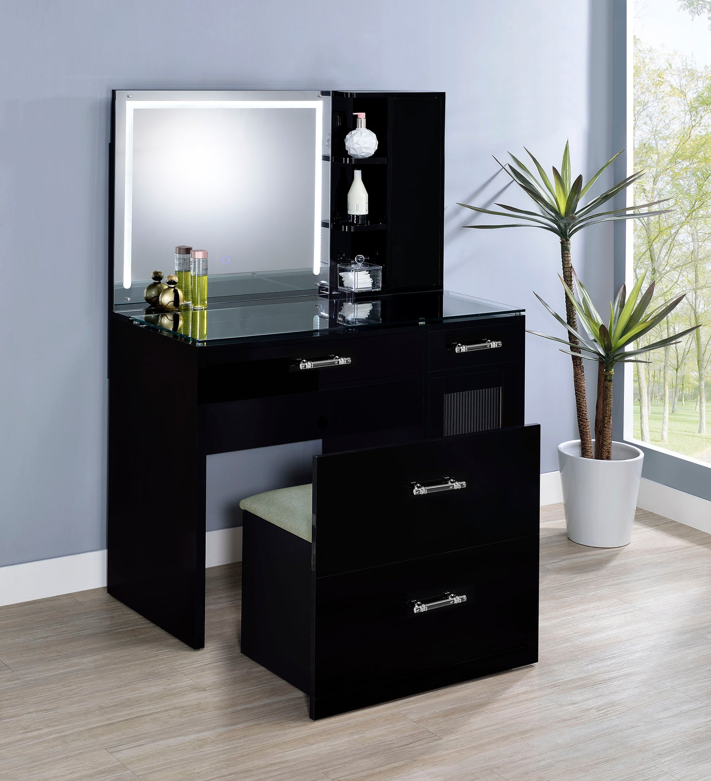 Flora 2-drawer Vanity Set with LED Mirror Black High Gloss