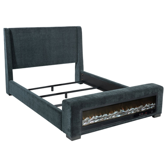 Preston Upholstered California King Audio Fireplace Bed Blue