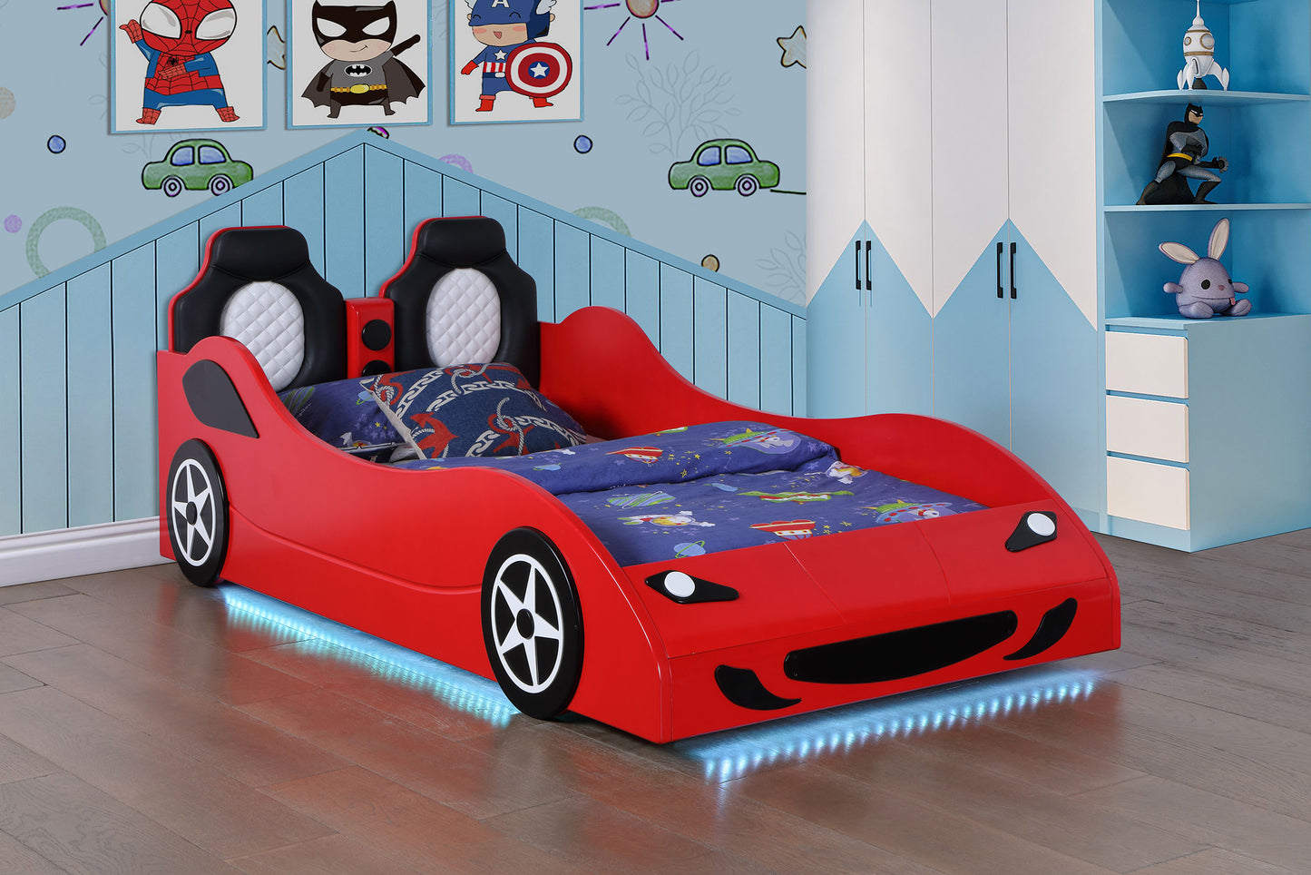 Cruiser Wood Twin LED Race Car Bed and 7-inch Mattress Red