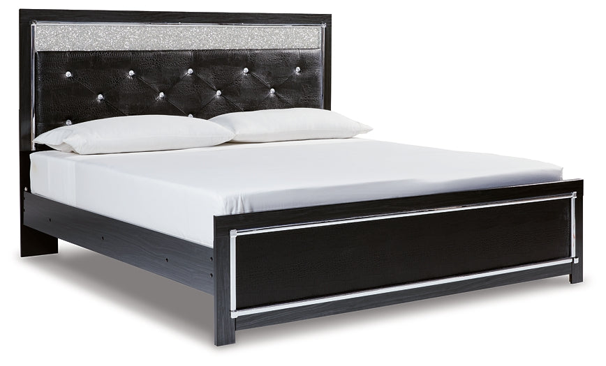 Kaydell King Upholstered Panel Platform Bed with Mirrored Dresser and 2 Nightstands