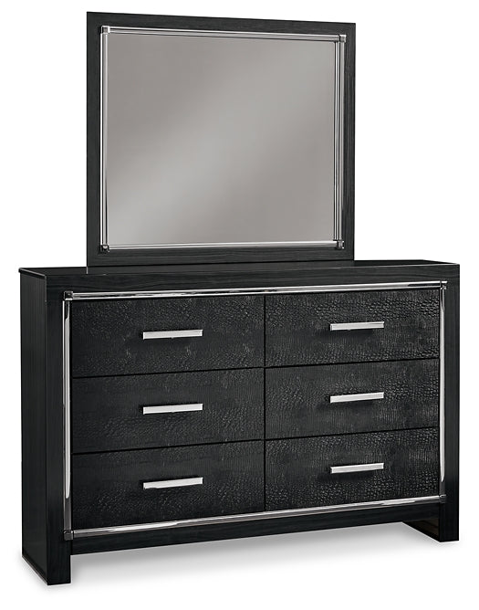 Kaydell Queen Upholstered Panel Bed with Mirrored Dresser and Chest