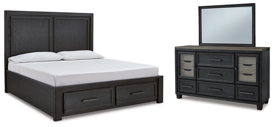 Foyland California King Panel Storage Bed with Mirrored Dresser