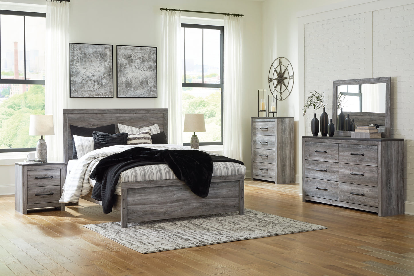 Bronyan Queen Panel Bed with Mirrored Dresser and 2 Nightstands