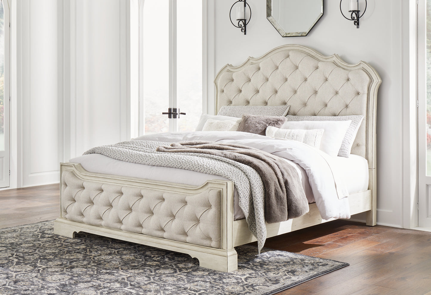 Arlendyne California King Upholstered Bed with Mirrored Dresser, Chest and 2 Nightstands