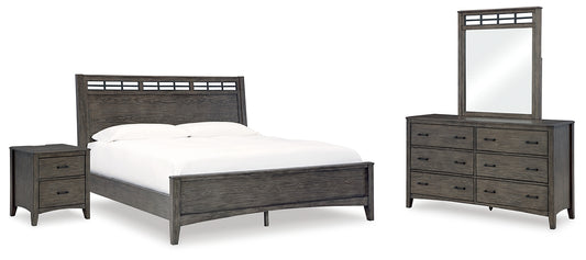 Montillan King Panel Bed with Mirrored Dresser and Nightstand