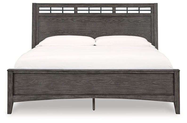 Montillan King Panel Bed with Mirrored Dresser, Chest and Nightstand