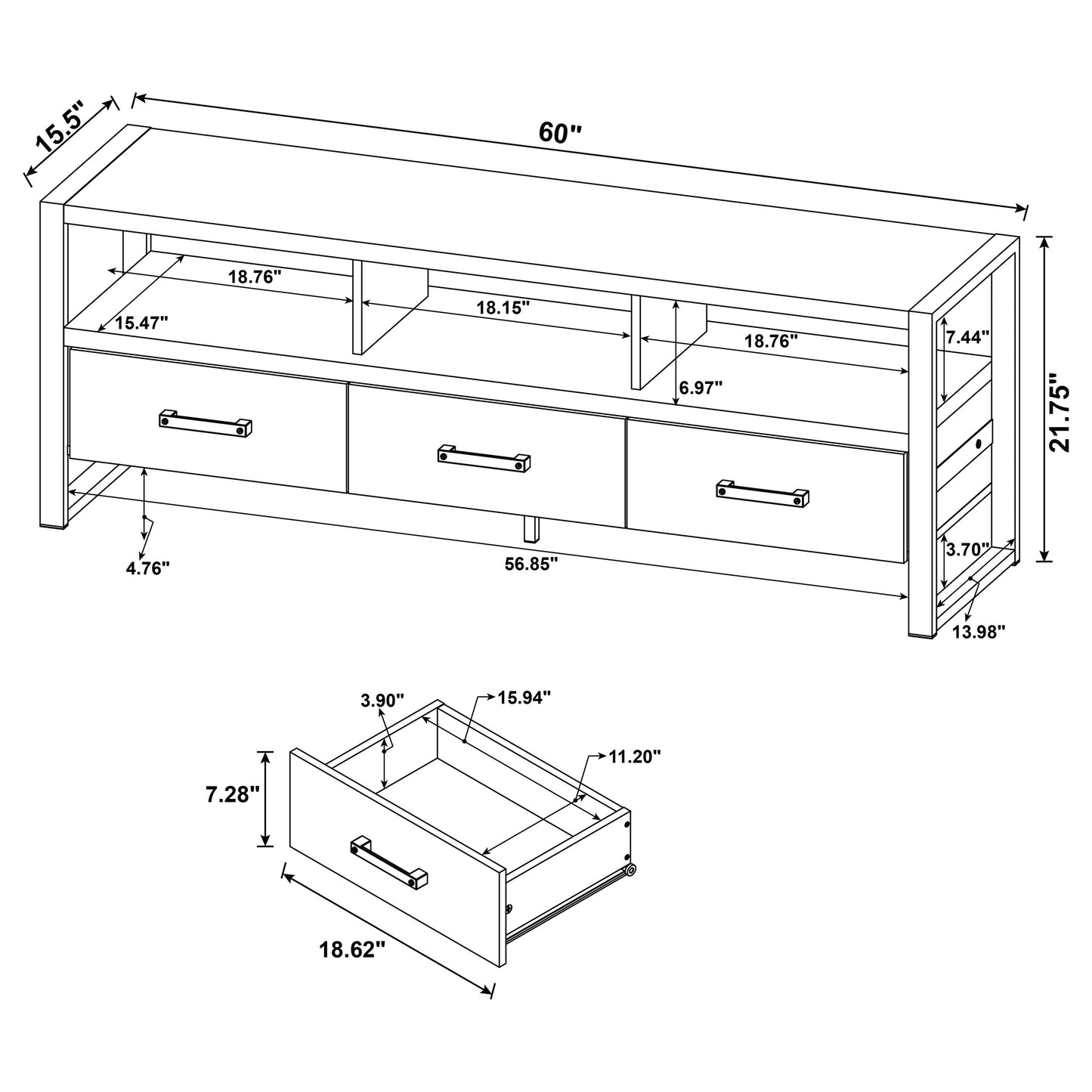 James 3-drawer Engineered Wood 60" TV Stand Distressed Pine