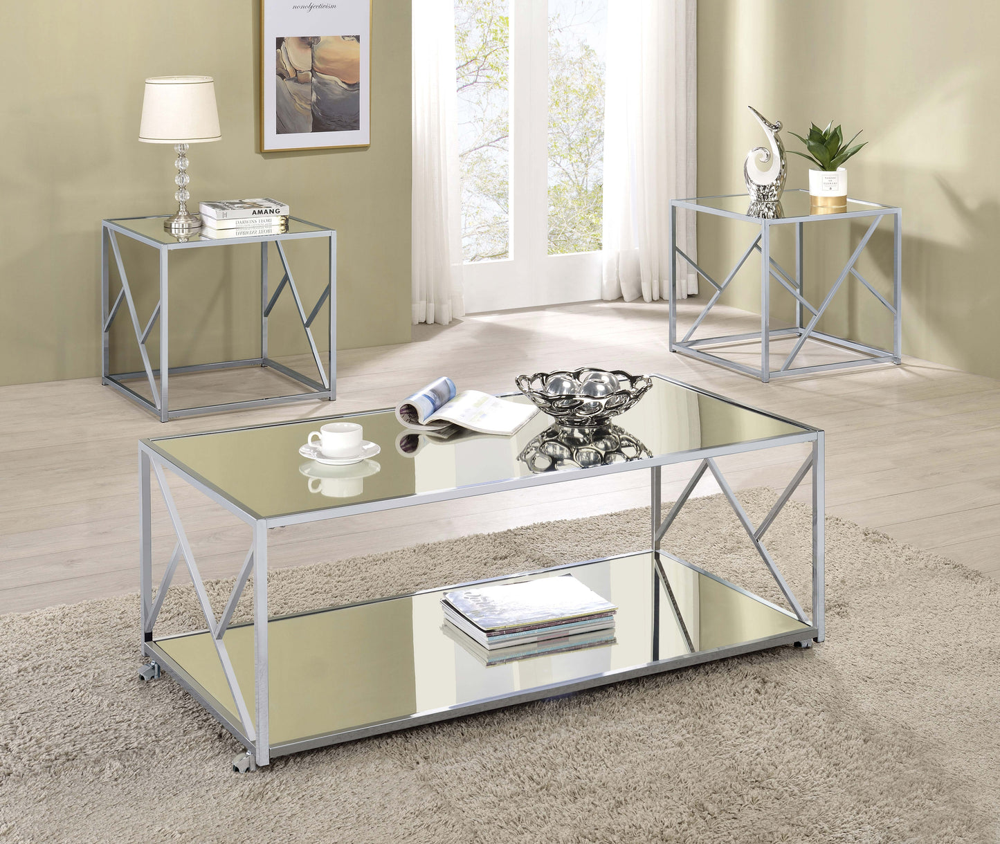 Provins 3-piece Coffee and End Table Set Mirror and Chrome